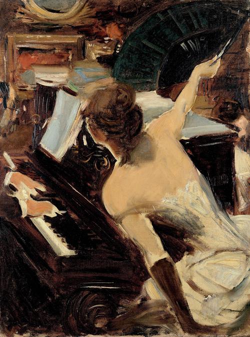 The Singer (La Cantante mondana), c.  1884, by Giovanni Boldini Oil on canvas, 24 x 18 1/8 in.  (61 x 46 cm) Collezione Fondazione Carife, on deposit at the Gallerie d'Arte Moderna e Contemporanea di Ferrara